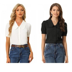 INSPIRE CHIC Women's Peter Pan Collar Puff Short Sleeve Button Cuff Elegant Blouse 2 Packs - 1 of 4
