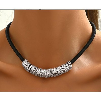 Paaaawaters Black Leather & 14K Gold-Plated/14K White Gold Plated Metal Ring Necklace