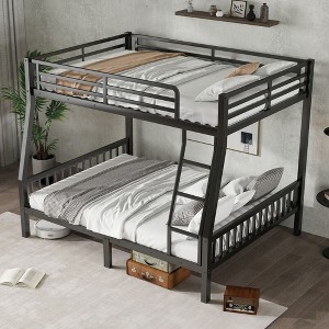Okak Full Over Queen Metal Loft Bunk Bed Heavy Duty Bedframe with Ladder & Slats Support for Adults Teens, Black - 1 of 4