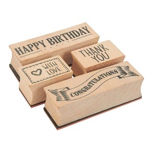 Juvale 4-Piece Card Making Stamps Set - Wood Mounted Rubber Stamps for Card Making - Happy Birthday, Thank You, Congratulations, with Love - 1 of 4
