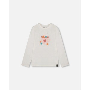 Deux par Deux Girl Organic Cotton Long Sleeve T-Shirt Off-White with Hot Chocolate - 1 of 4