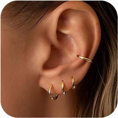 Small Gold Huggie Hoop Earrings Set for Women Men Hypoallergenic 14K Plated Stack Cartilage Earrings, Multiple Piercing