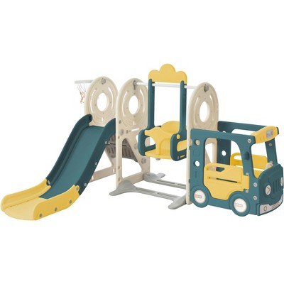 Children's Swing Set with Bus Play Structure Independent Climbing Slide Set, Comes with Basketball Hoop, Suitable for Boys and Girls Gifts