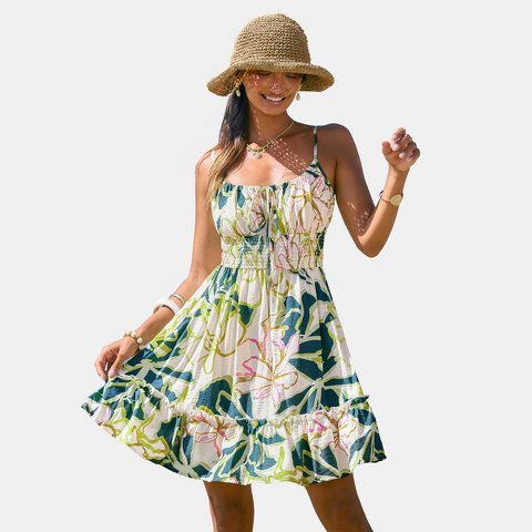 Женские платья Cupshe Women's Smocked Bodice Tropical Print Midi Dress-L-Green