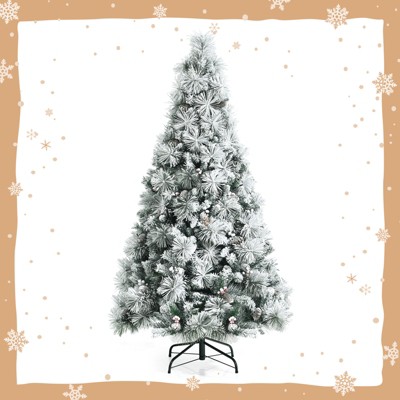 Tangkula 6/7/8ft Snow Flocked Christmas Tree Full-bodied Hinged Xmas Tree w/ Glittery Pine Cones Holiday Festival Supplies