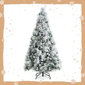 Tangkula 6/7/8ft Snow Flocked Christmas Tree Full-bodied Hinged Xmas Tree w/ Glittery Pine Cones Holiday Festival Supplies - 1 of 4
