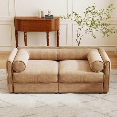 Stylish Camel Chenille 2-Seater Sofa with Storage Seat, Cylindrical Backrest and Armrests, Modern Loveseat Hidden Storage Space-Tanpinhause