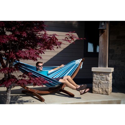 Blue Lagoon Double Cotton Hammock with Solid Pine Arc Stand