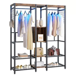 Bestier Metal Freestanding Wardrobe Storage Unit with Wooden Top Shelf and Built In Color Changing Lights with 7 Colors and 20 Dynamic Modes, Brown
