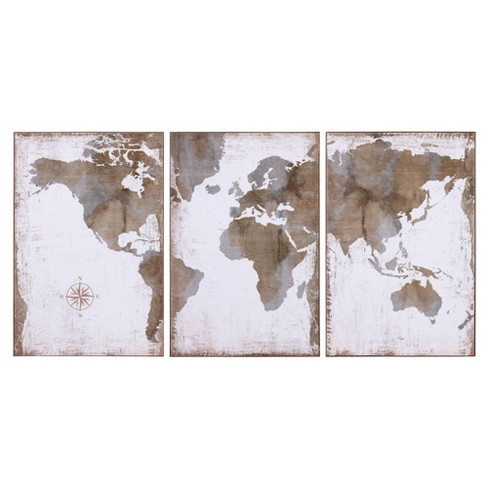 Set Of 3 Large Vintage World Map Canvas Panels Wall Art Patton Wall Decor Target