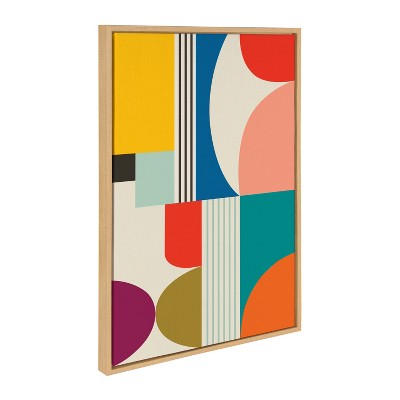 Mid Century Modern Multicolor Abstract Canvas Art with Natural Frame