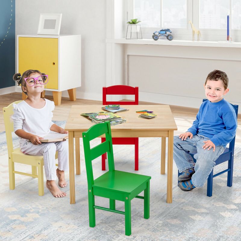 Costway Kids 5 Piece Table Chair Set Pine Wood Multicolor Children Play Room Furniture, 5 of 11