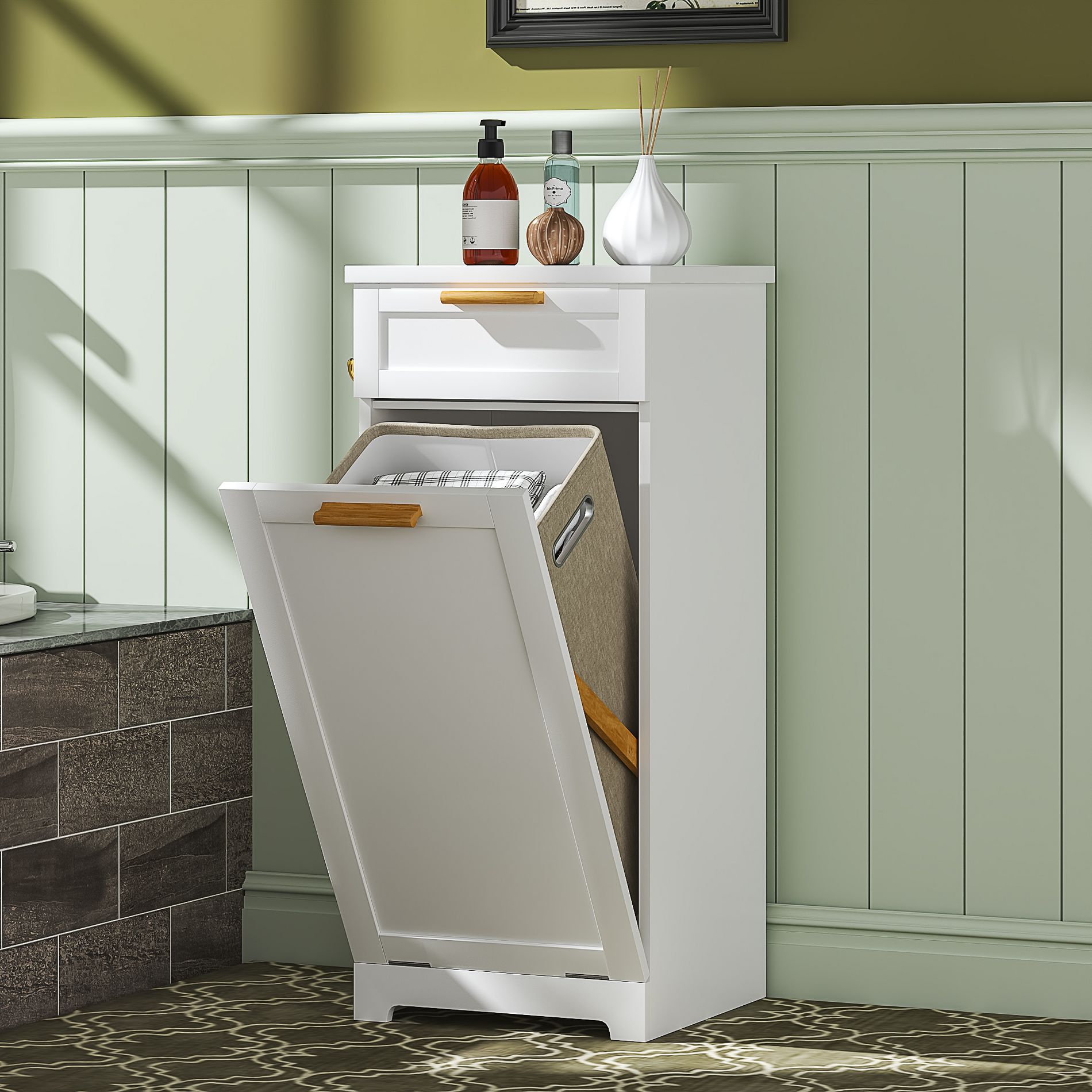 VECELO Multi-Functional Trash Bin Cabinet with Drawer and Hooks, Tilt-Out Garbage Can Concealer, Accent Storage Cabinet with Bonus Collapsible Bin