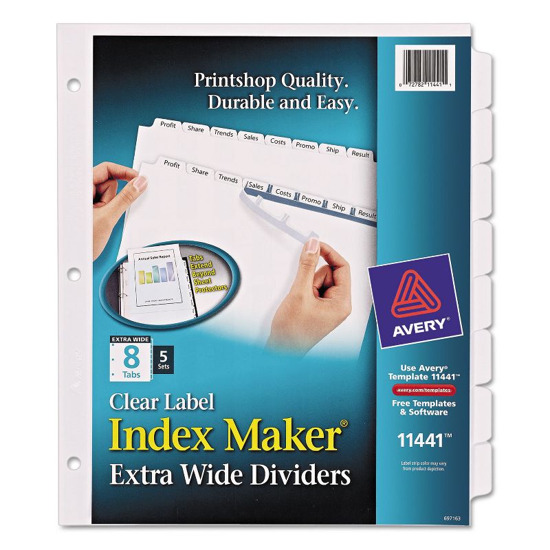 Avery Print & Apply Clear Label Dividers w/White Tabs 8-Tab 11 1/4 x 9 1/4 5 Sets 11441, 1 of 9