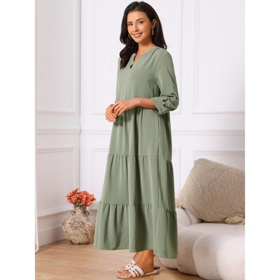 Женские платья INSPIRE CHIC Women's 3/4 Sleeve V Neck Tiered Maxi Casual Dress with Pockets Army Green X-Large — фото 2
