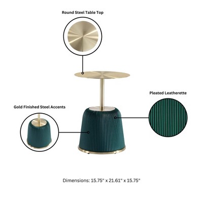 Green and Gold Metal Round Accent Table with Ridged Base