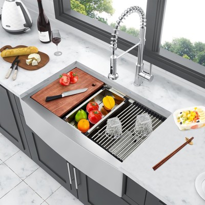 Farmhouse Kitchen Sink 33x22 Inch, Apron Front 304 Stainless Steel Drop-In Sinks, 16 Gauge Single Bowl Sink