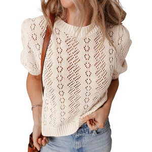 Women's Short Sleeve Round Neck Pullover Sweater - Breathable Open Knit Casual Top - 1 of 4
