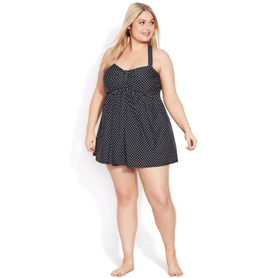 Women's Plus Size Flared Print Swim Dress - black spot | EVANS