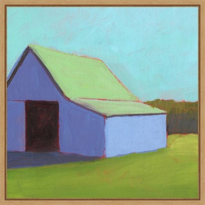 Homestead Barn I Light Green and Blue Canvas Print with Maple Frame