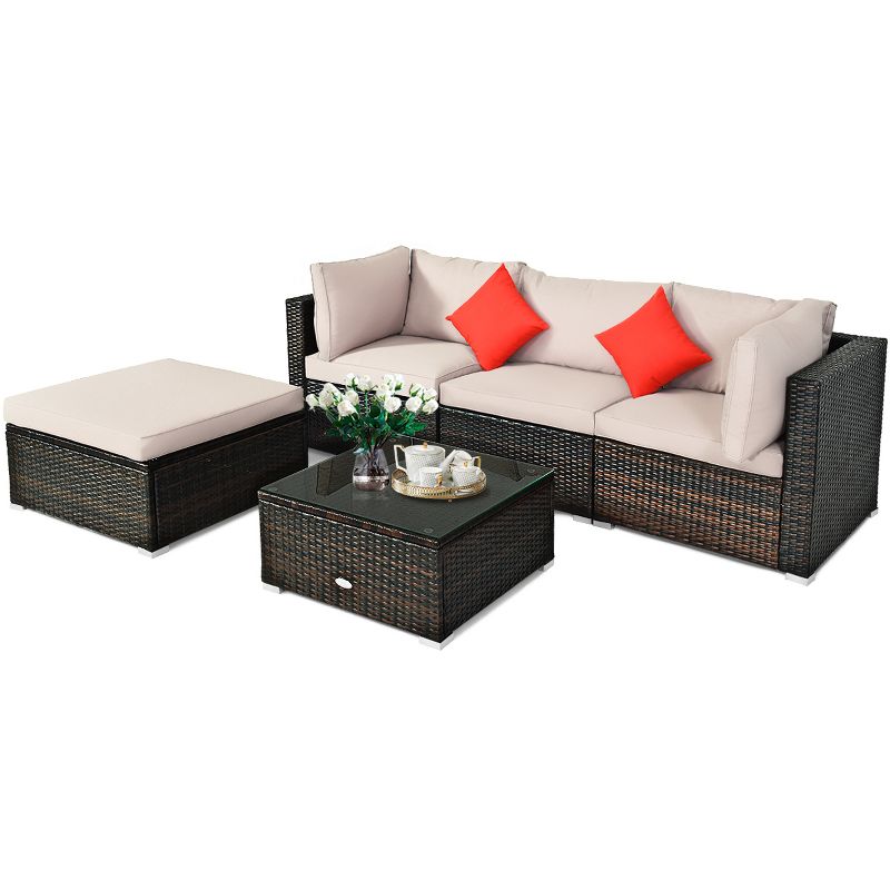 Tangkula 5-Piece Outdoor Patio Sectional Rattan Wicker Sofa Set w/ Cushion, 1 of 7