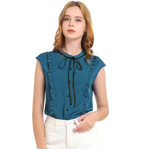 Allegra K Women's Cute Tie Neck Sleeveless Ruffle Button Down Chiffon Summer Shirt - 1 of 4