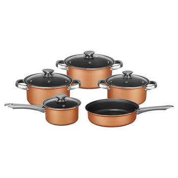 SereneLife 11 Piece Essential Home Heat Resistant Non Stick Kitchenware  Cookware Set w/ Fry Pans, Sauce Pots, Dutch Oven Pot, and Kitchen Tools,  Gold