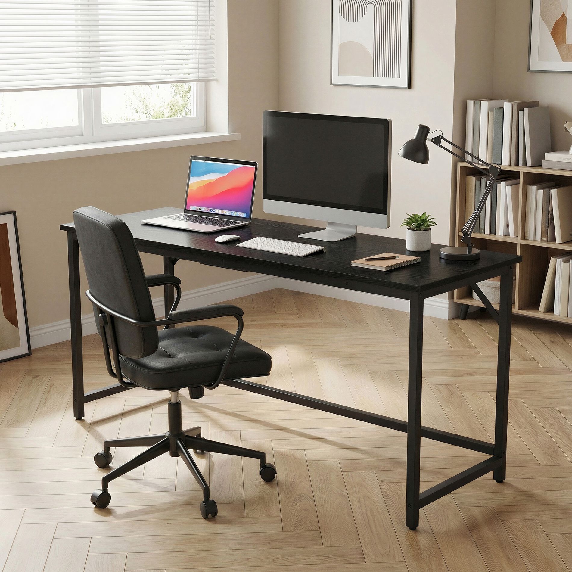 LEDREM 55.1" Computer Desk, Office Workstation with Steel Frame, Minimalist Study Table for Bedroom Home Office, Ebony Black and Ink Black