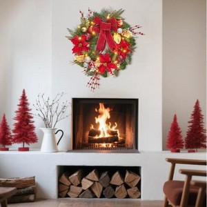 TackView 24" Artificial Wreath with Red Berries, Flowers, Decorative Balls, for Indoor Outdoor Decoration, Red Gold - 1 of 4