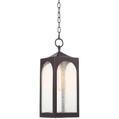 Possini Euro Design Modern Outdoor Ceiling Light Hanging Bronze 19" Seedy Glass Lantern for Exterior House Porch Patio Deck