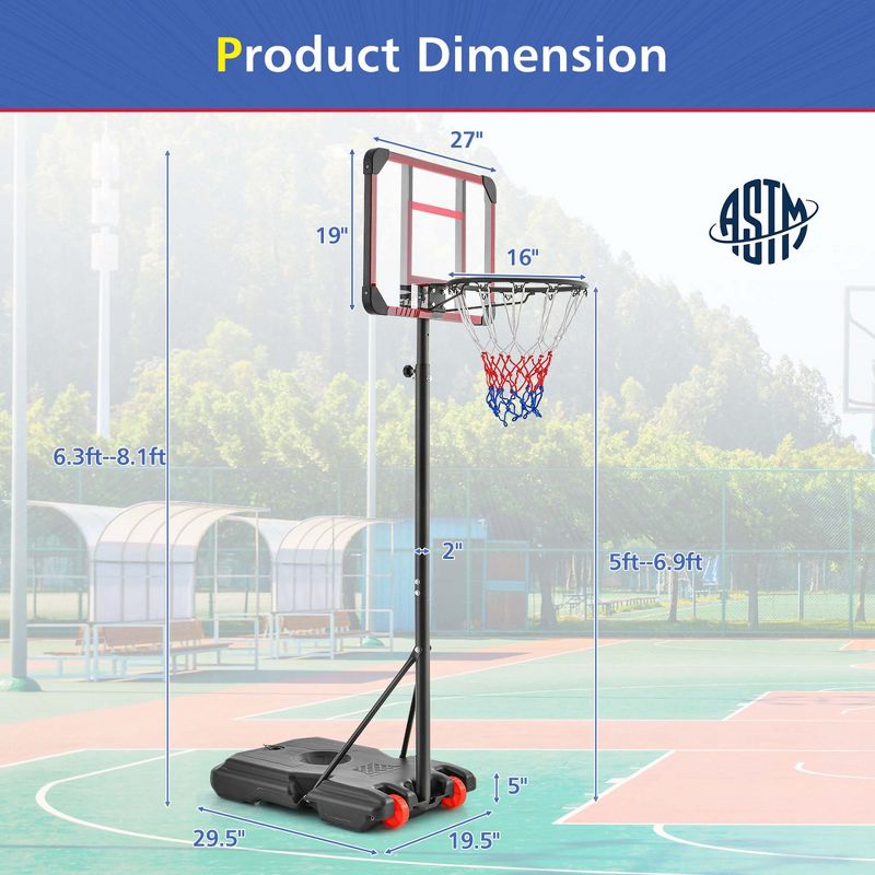 Costway Portable Basketball Hoop Stand 6.3FT-8.1FT Adjustable withWheels & Edge Protectors, 3 of 10