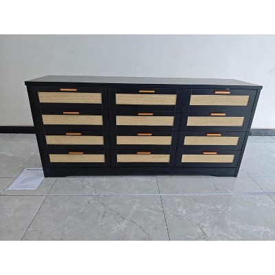 12 Drawer Dresser for Bedroom, Modern Farmhouse Rattan Chest of Drawers with Handles, Wood Dresser for Closet, Living Room, Entryway, and Hallway