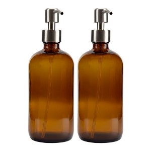 Cornucopia Brands 16oz Amber Glass Bottles w/Stainless Steel Pumps 2pk; Lotion & Soap Dispenser Brown Boston Round Bottles - 1 of 4