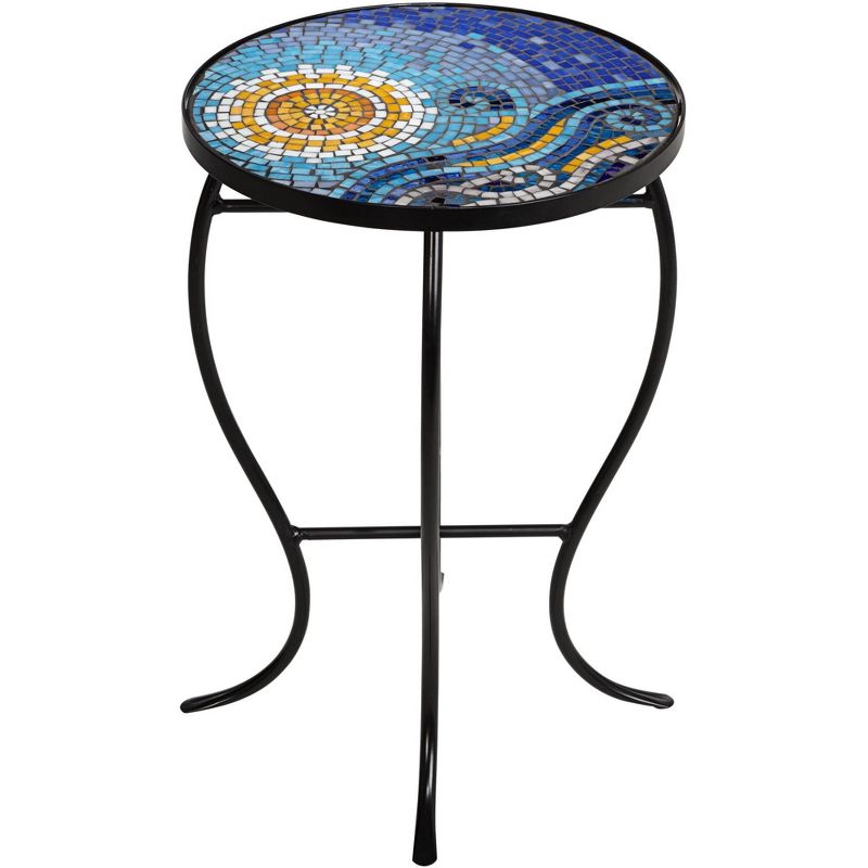 Teal Island Designs Modern Black Round Outdoor Accent Side Tables 14" Wide Set of 2 Blue Mosaic Tabletop for Front Porch Patio Home House, 5 of 8