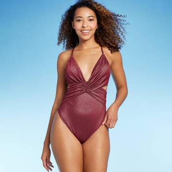 Women's Ribbed Plunge Front Cut Out One Piece Swimsuit - Shade