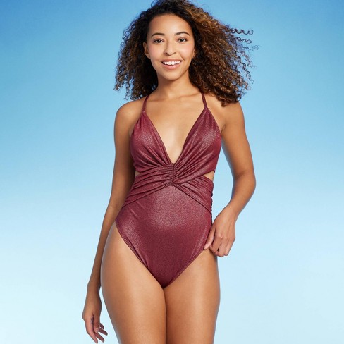 Women's Monokini Plunge Cut Out High Leg Lurex One Piece Swimsuit - Shade &  Shore™ Burgundy : Target
