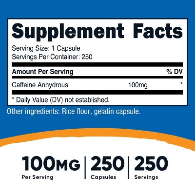 Nutricost Caffeine Pills (250 Capsules / 100mg Caffeine Anhydrous Per Serving) | Caffeine Supplement for Energy and Focus