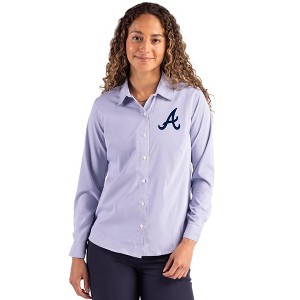 Atlanta Braves Cutter & Buck Skyline Epic Confidence Recycled Pinstripe Womens Long Sleeve Dress Shirt - Tour Blue/White - Medium - 1 of 1