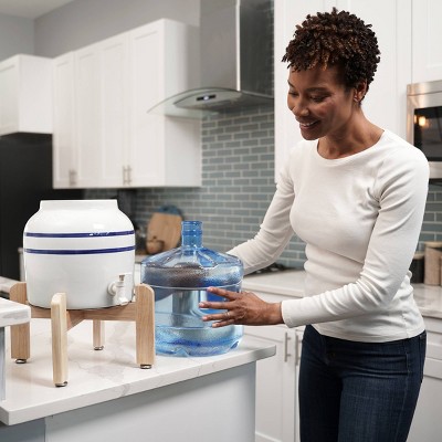 Primo White Ceramic Tabletop Water Dispenser with Wooden Stand