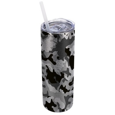 Elanze Designs Silvertone Sparkle 20 Ounce Double Wall Stainless Steel Glitter Travel Tumbler With Sliding Lid And Straw, Camouflage
