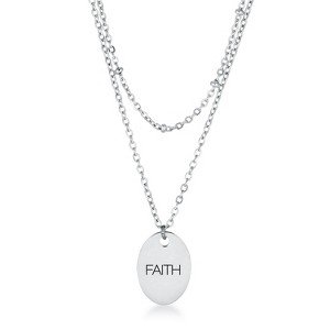 Slickblue Double Chain FAITH/LOVE Pendant Necklace, 16" Stainless Steel with Cable and Saturn Chain, 3 Color Option - 1 of 2