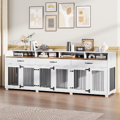 AMEERLIFE 95" Large Dog Crate Furniture with Storage Drawers, 3-Room Wooden Kennel for Medium & Large Dogs, TV Stand with Removable Divider