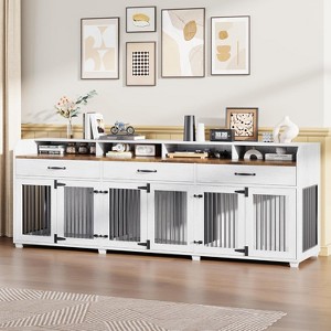 AMEERLIFE 95" Large Dog Crate Furniture with Storage Drawers, 3-Room Wooden Kennel for Medium & Large Dogs, TV Stand with Removable Divider - 1 of 4