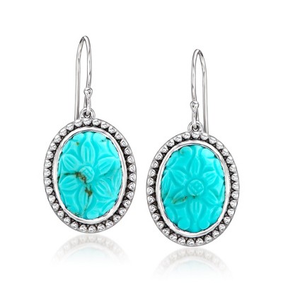 Ross-Simons Carved Turquoise Floral Drop Earrings in Sterling Silver