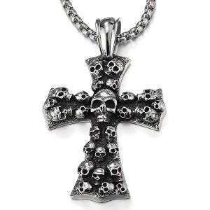 Mens Large Gothic Vintage Skulls Cross Pendant Necklace of Steel, Wheat Chain - 1 of 4