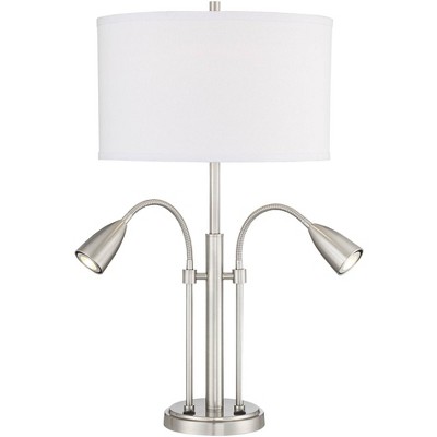 Possini Euro Design Modern Table Lamp with USB Charging Port and LED Gooseneck Lights Brushed Nickel White Linen Shade for Office