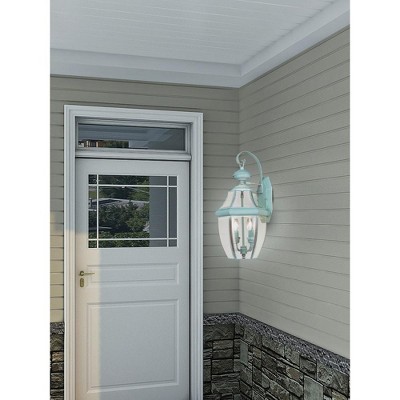 Verdigris Brass Dual-Light Lantern Wall Sconce with Clear Beveled Glass