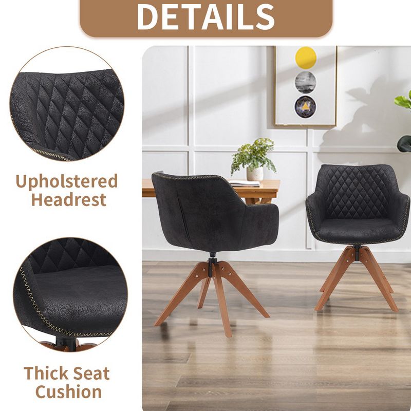 Suede Black Modern Swivel Office Accent Arm Chair with Oak Wood Legs for Small Space, 3 of 8