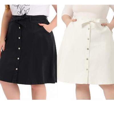Agnes Orinda Women's Plus Size Tie Waist Button Front Pockets A-Line Midi Denim Skirts