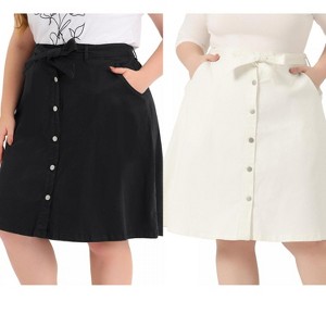 Agnes Orinda Women's Plus Size Tie Waist Button Front Pockets A-Line Midi Denim Skirts - 1 of 4